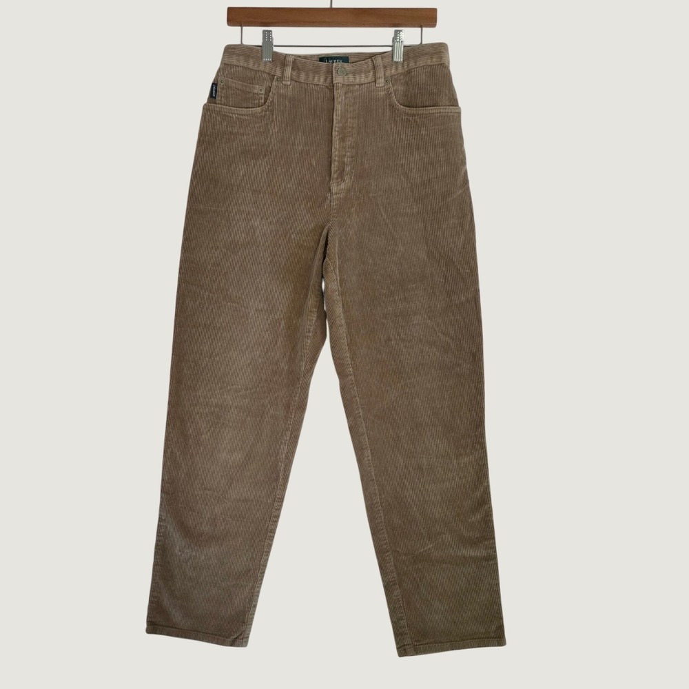 Vintage Y2K Lauren Tan Corduroy High-Waisted Pants Women 12 Preppy Chic Taper